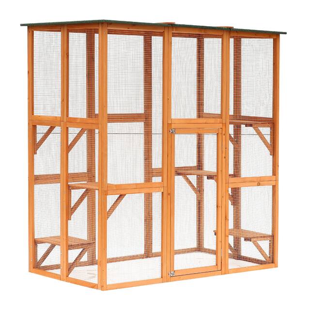 PawHut Large Wooden Outdoor Cat House Catio Enclosure, Kitten Cage with